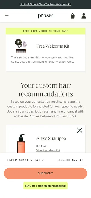 Prose — "Your custom hair recommendations", already a cart
