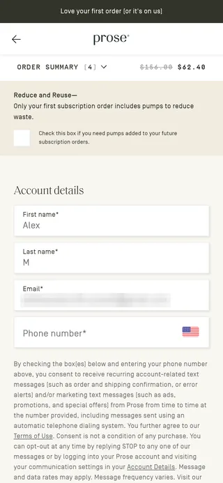 Prose — Checkout, account details