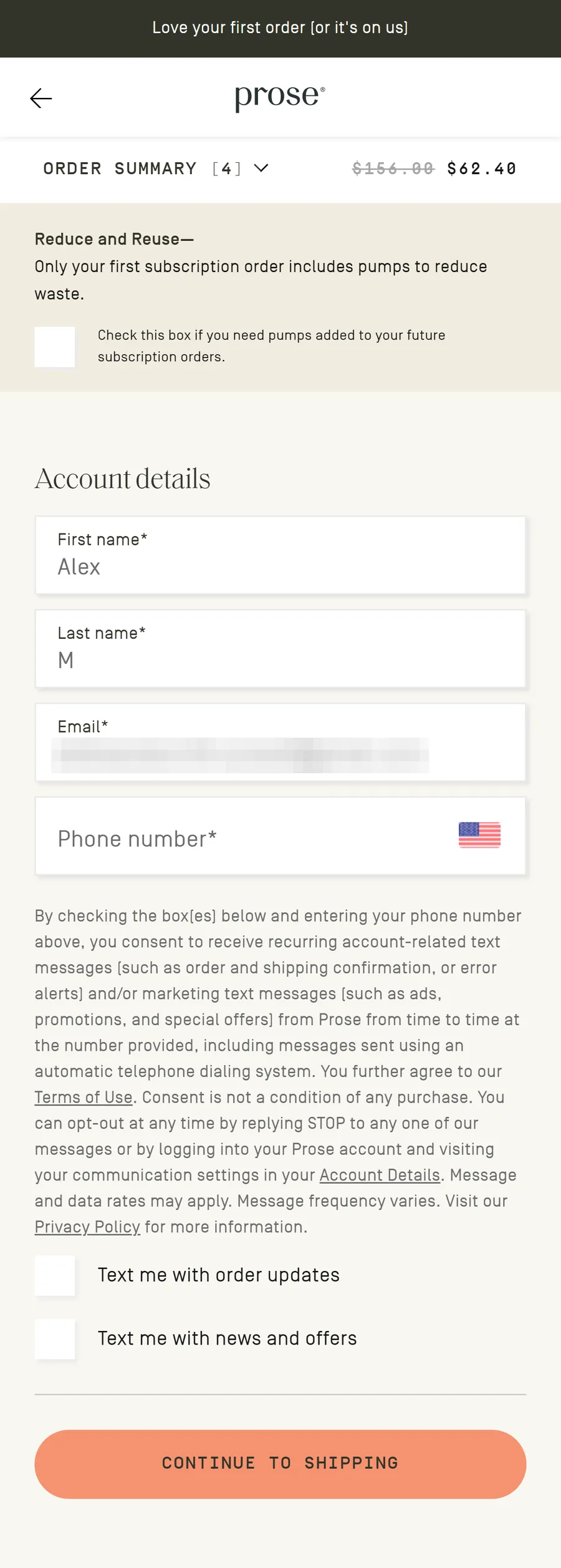 Prose — Checkout, account details (mobile)