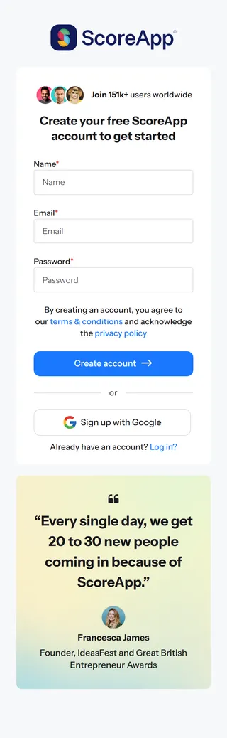ScoreApp — "Create your free ScoreApp account to get started"