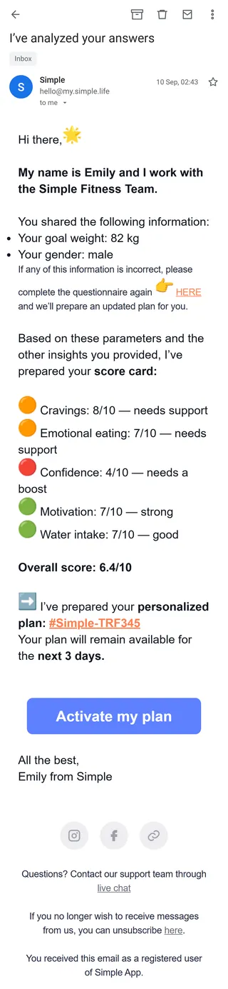 Simple — "I've analyzed your answers" — from Emily
