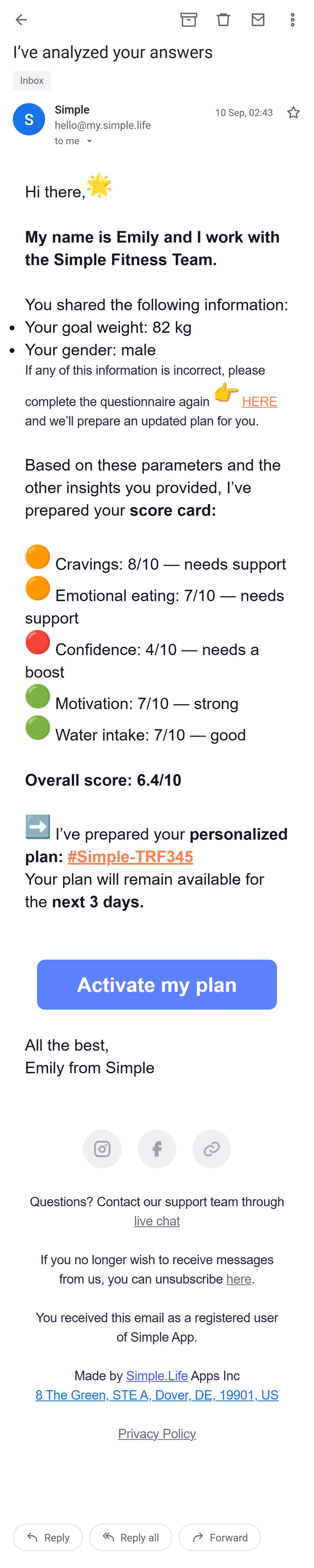 Simple — "I've analyzed your answers" — from Emily (mobile)