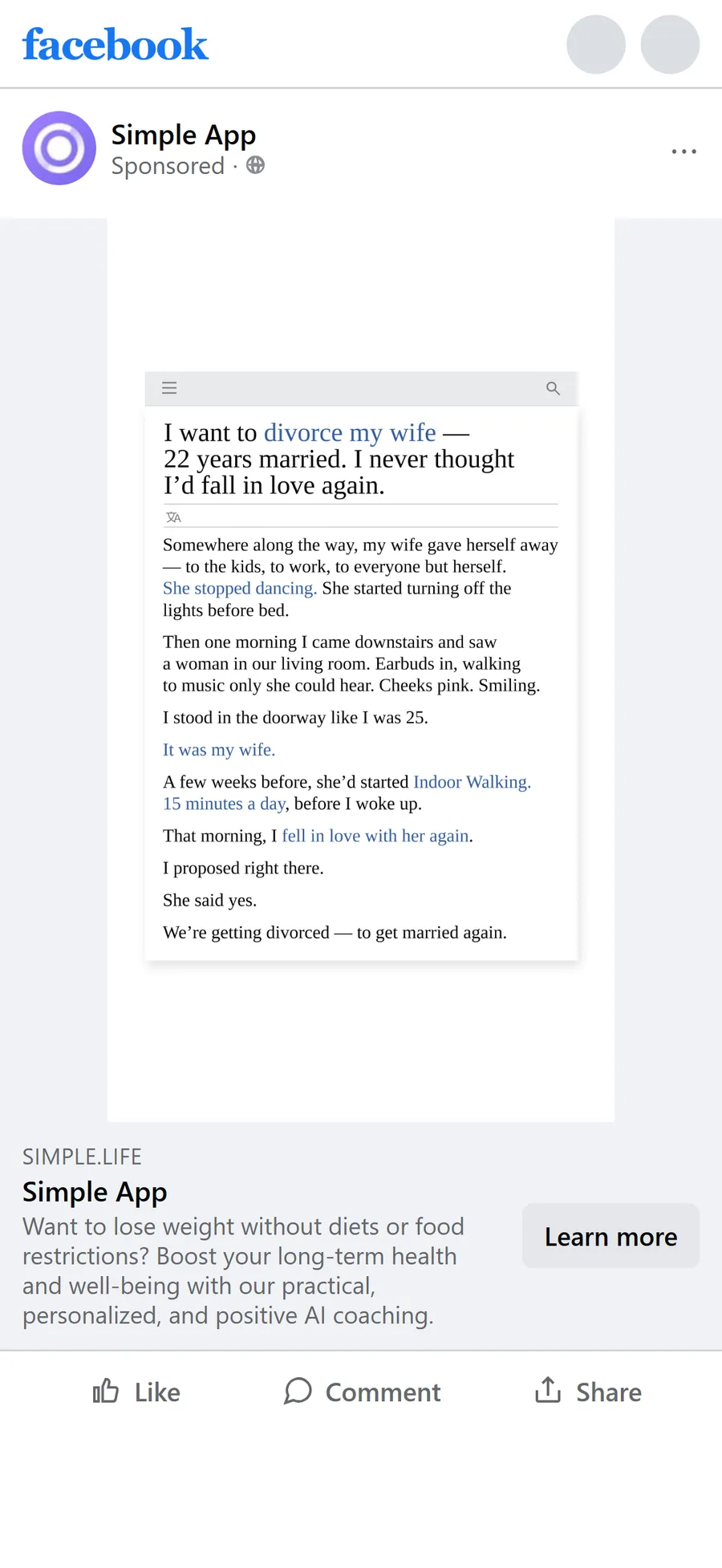 Simple — "I want to divorce my wife" — fake-article image ad (mobile)