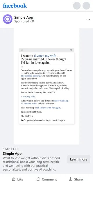 Simple — "I want to divorce my wife" — fake-article image ad
