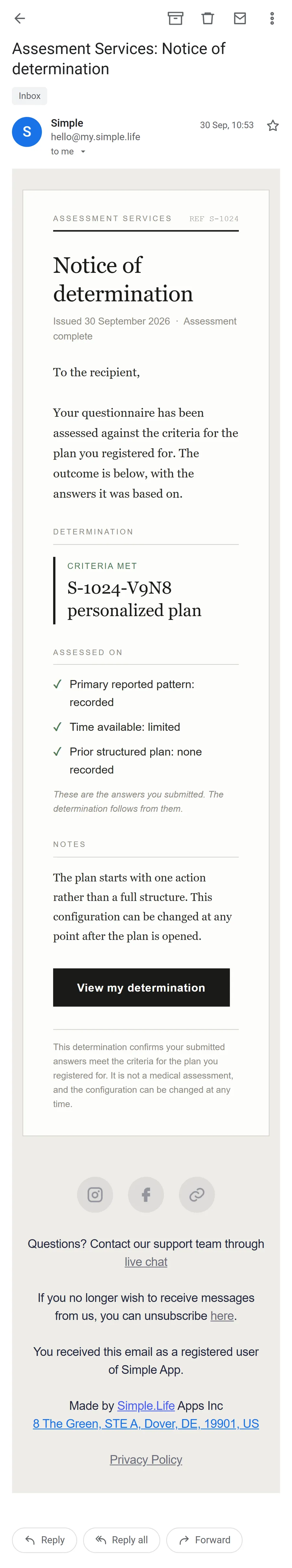 Simple — "Assesment Services: Notice of determination" (mobile)