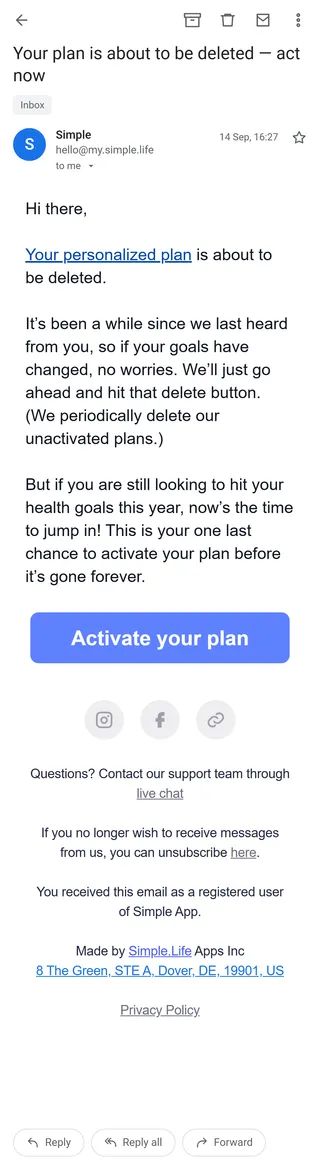Simple — "Your plan is about to be deleted — act now"
