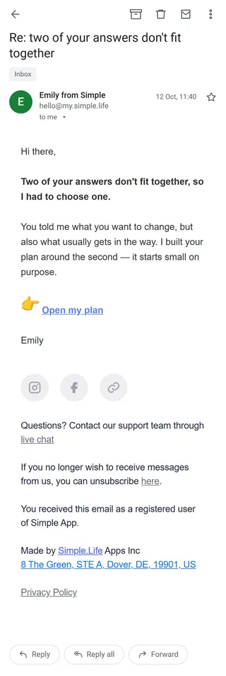 Simple — "Re: two of your answers don't fit together"