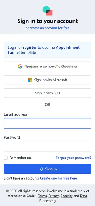 involve.me — Log-in page ("Login or register to use the Appointment Funnel template")