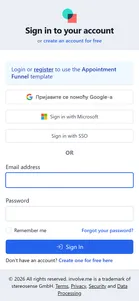 involve.me — Log-in page ("Login or register to use the Appointment Funnel template")