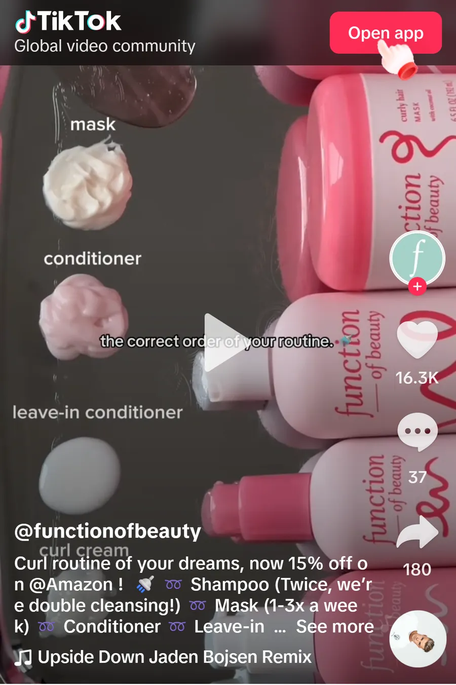 Function of Beauty — "Curl routine of your dreams, now 15% off on @Amazon" — TikTok post run as an ad (mobile)