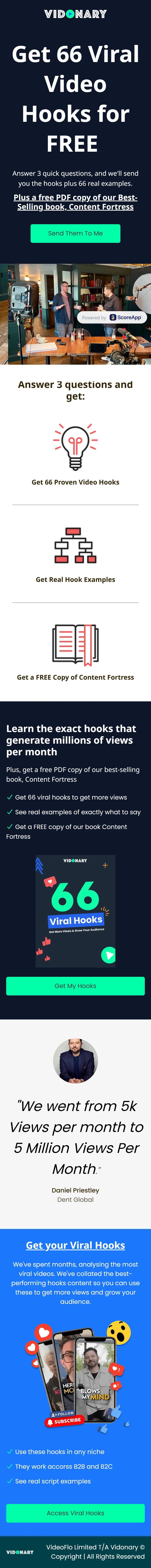 Vidonary — “Get 66 Viral Video Hooks for FREE” (mobile)