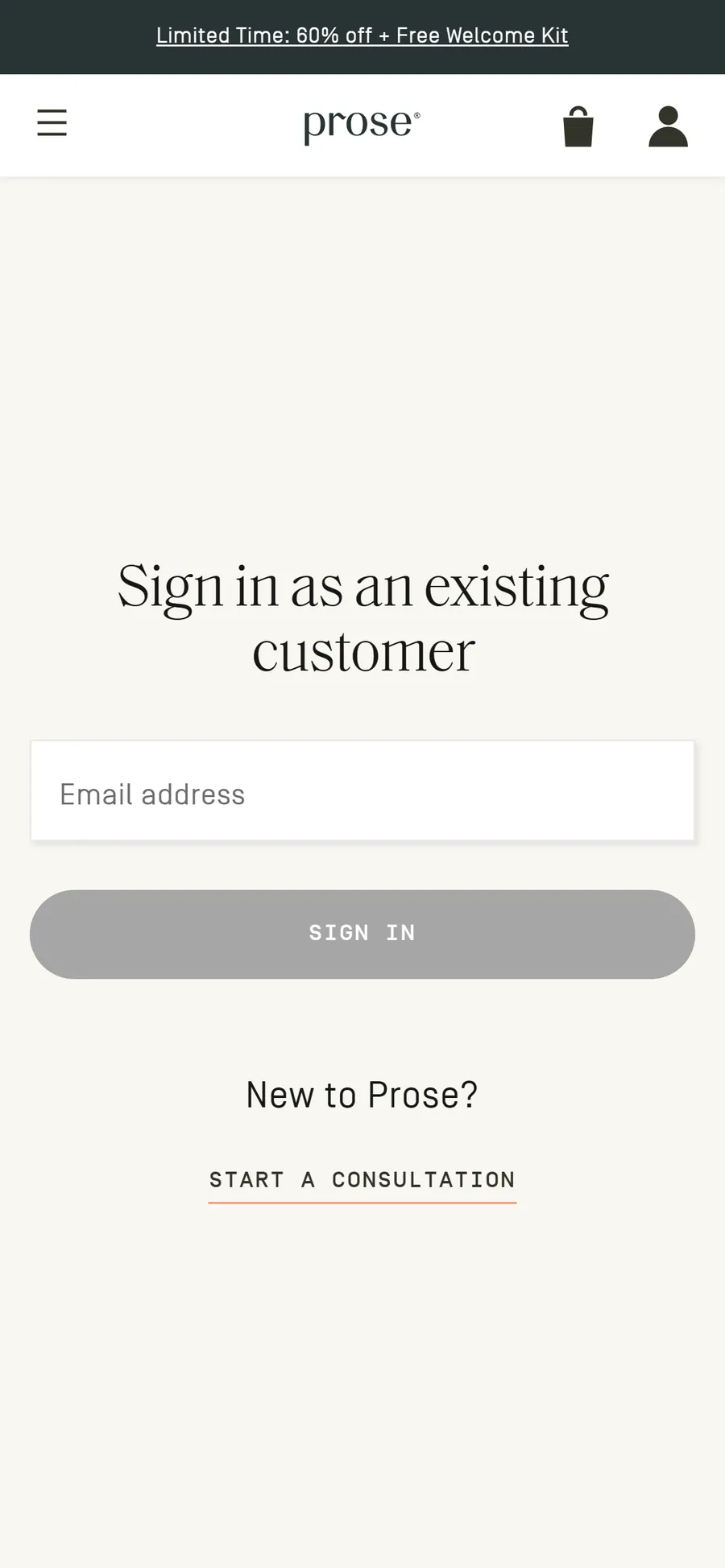 Prose — "Sign in as an existing customer" (mobile)