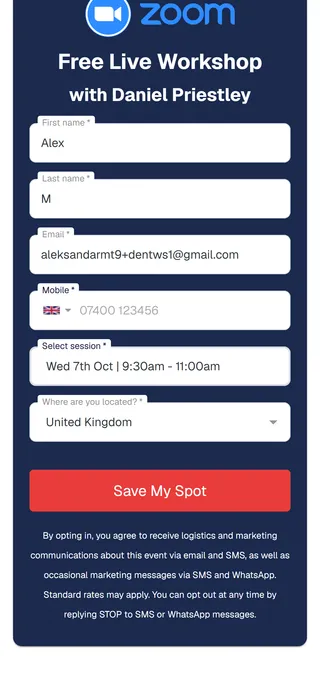 Dent Global — Registration form, mobile number required